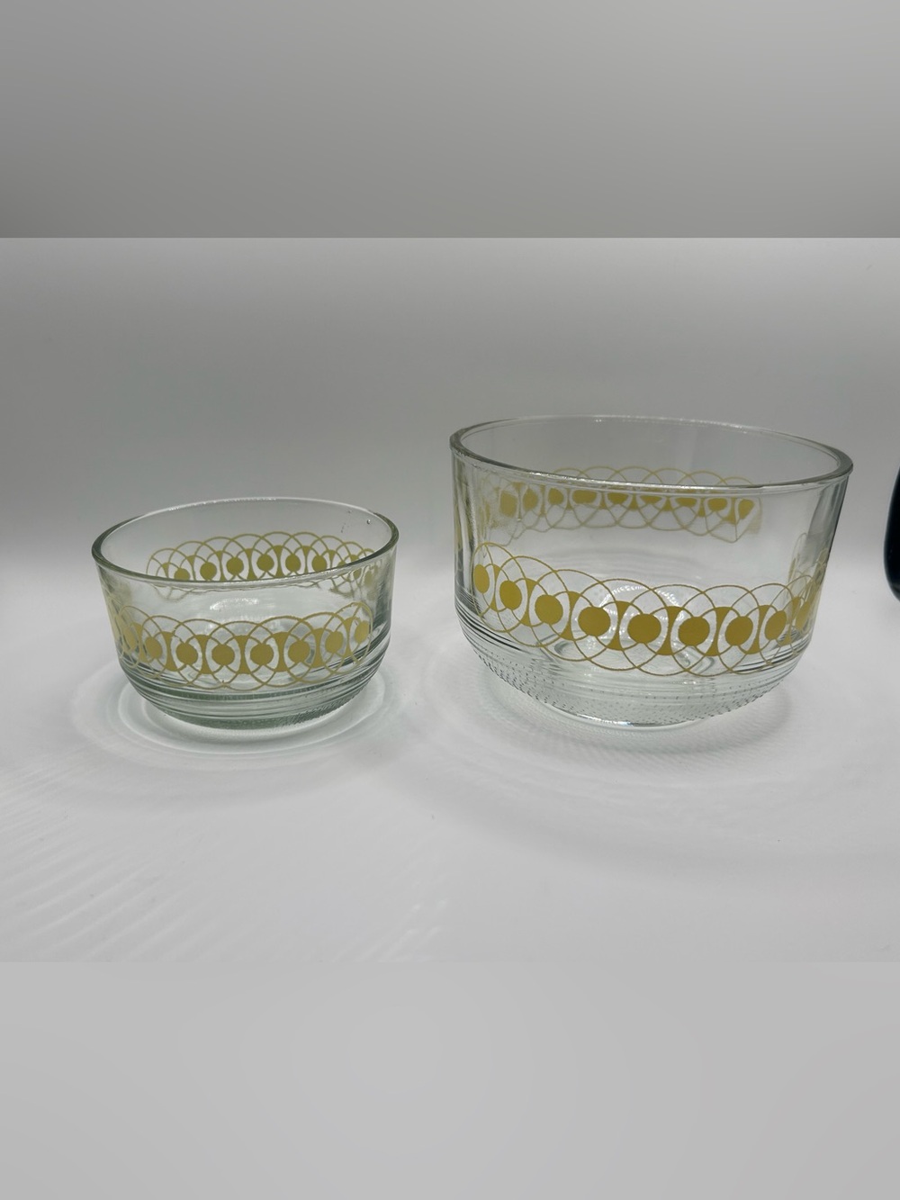 Vintage Mid Century Modern Clear Glass Nesting Bowls Set of 2 Mustard Yellow Geo